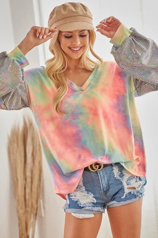 BiBi V Neck Tie Dye French Terry Top with Shiny - Bitsy Gypsy Boutique