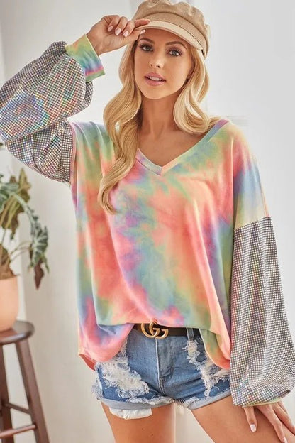 BiBi V Neck Tie Dye French Terry Top with Shiny - Bitsy Gypsy Boutique