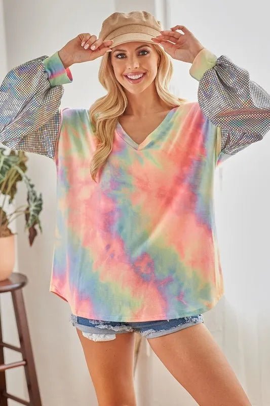 BiBi V Neck Tie Dye French Terry Top with Shiny - Bitsy Gypsy Boutique