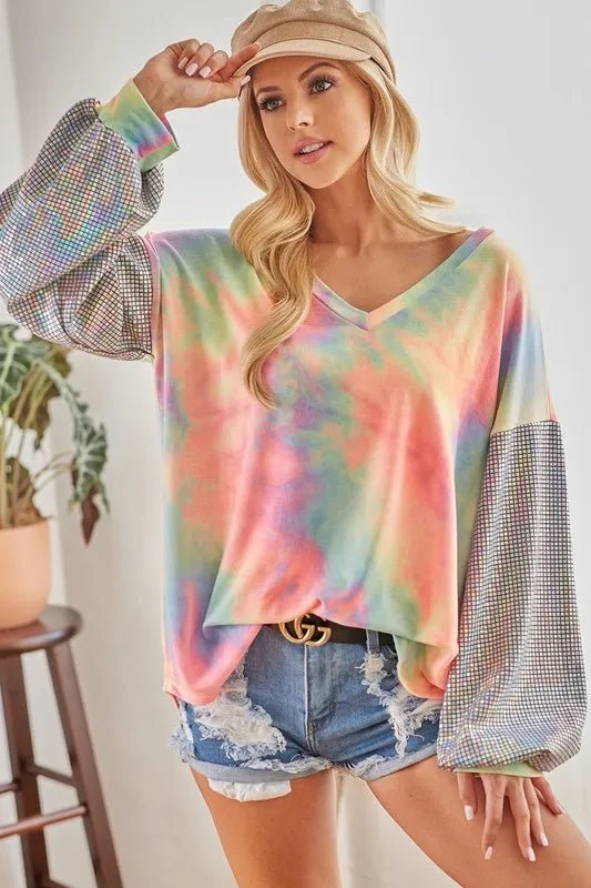 BiBi V Neck Tie Dye French Terry Top with Shiny - Bitsy Gypsy Boutique