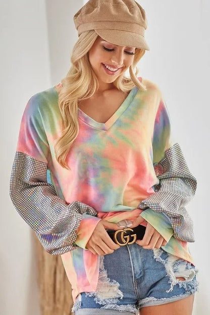 BiBi V Neck Tie Dye French Terry Top with Shiny - Bitsy Gypsy Boutique