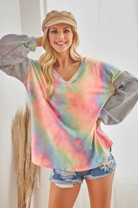 BiBi V Neck Tie Dye French Terry Top with Shiny - Bitsy Gypsy Boutique