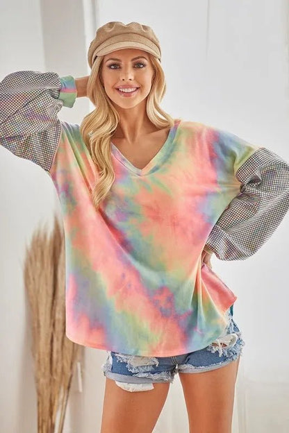 BiBi V Neck Tie Dye French Terry Top with Shiny - Bitsy Gypsy Boutique