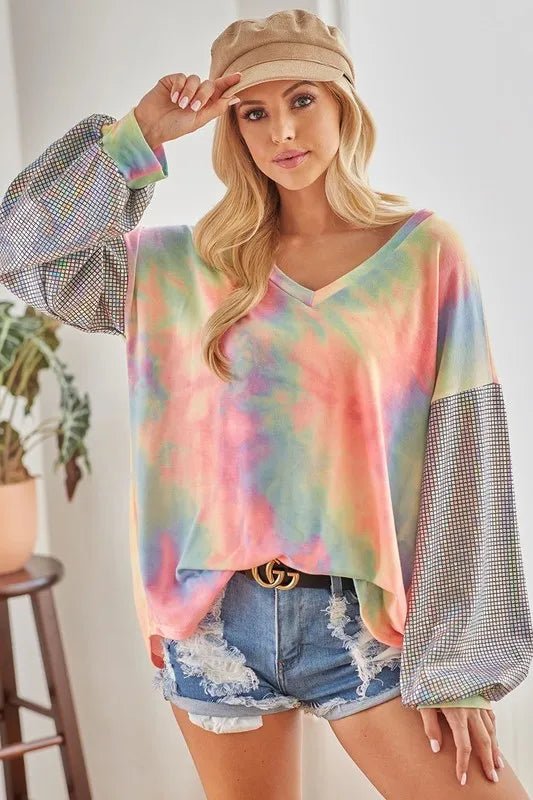 BiBi V Neck Tie Dye French Terry Top with Shiny - Bitsy Gypsy Boutique
