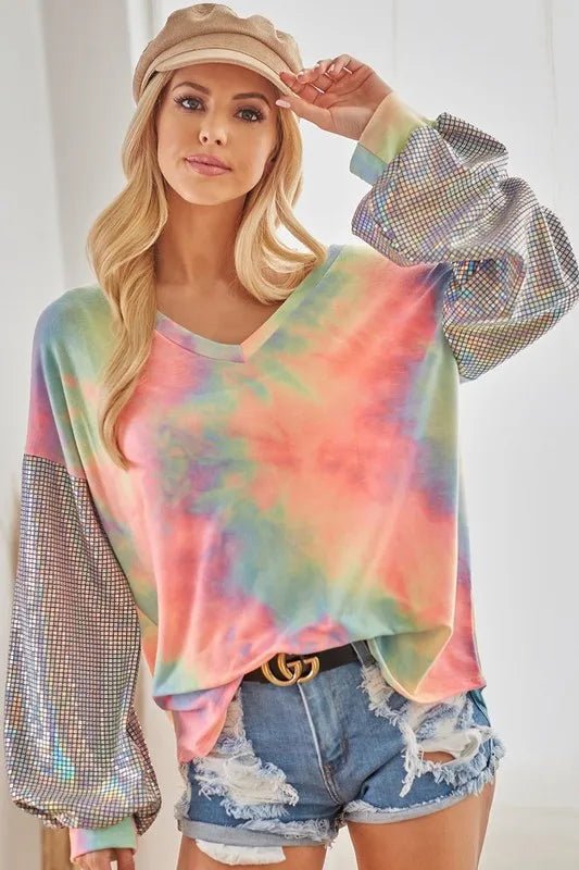 BiBi V Neck Tie Dye French Terry Top with Shiny - Bitsy Gypsy Boutique