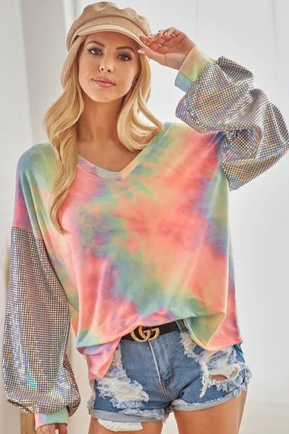 BiBi V Neck Tie Dye French Terry Top with Shiny - Bitsy Gypsy Boutique