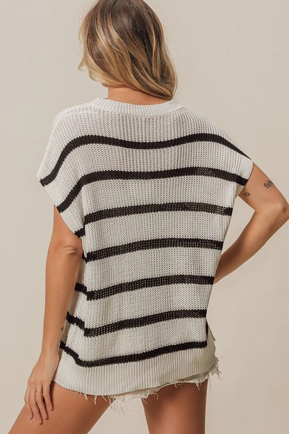 BiBi Vacay Mode Lettering Drop Shoulder Striped Sweater - Bitsy Gypsy Boutique