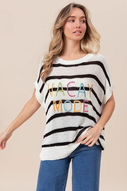 BiBi Vacay Mode Lettering Drop Shoulder Striped Sweater - Bitsy Gypsy Boutique