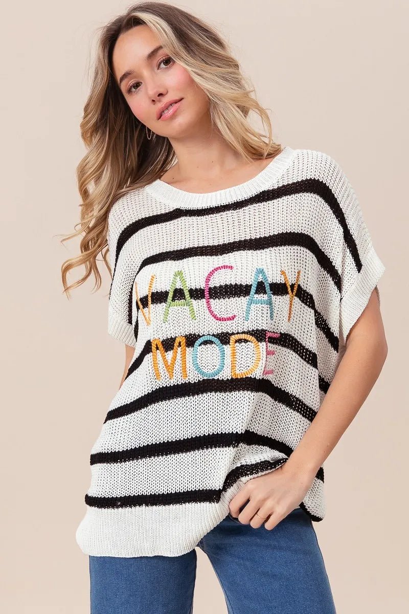 BiBi Vacay Mode Lettering Drop Shoulder Striped Sweater - Bitsy Gypsy Boutique