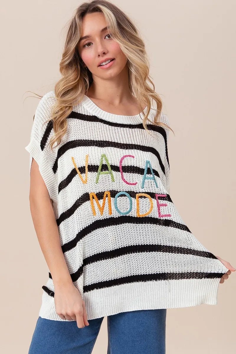 BiBi Vacay Mode Lettering Drop Shoulder Striped Sweater - Bitsy Gypsy Boutique