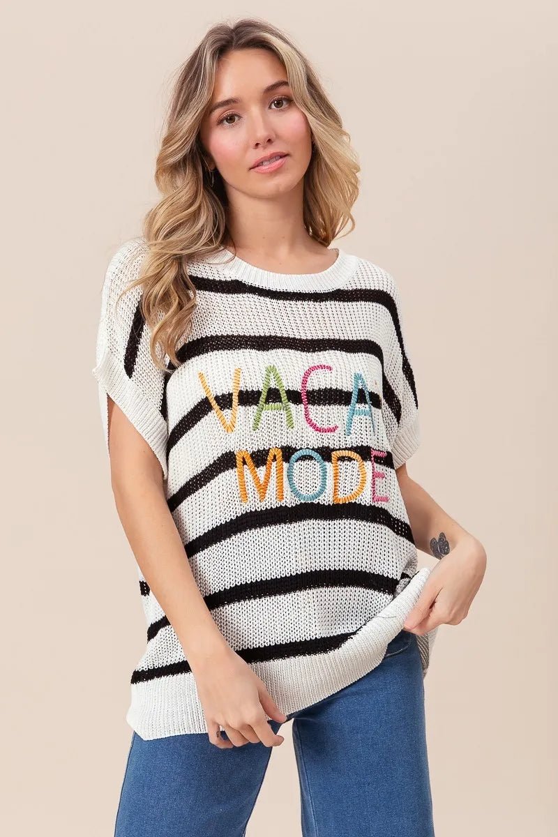 BiBi Vacay Mode Lettering Drop Shoulder Striped Sweater - Bitsy Gypsy Boutique