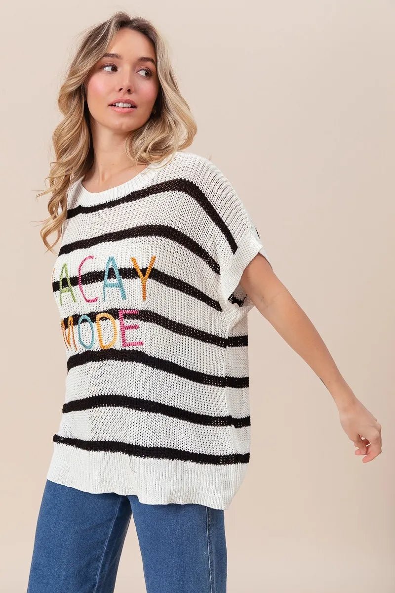 BiBi Vacay Mode Lettering Drop Shoulder Striped Sweater - Bitsy Gypsy Boutique