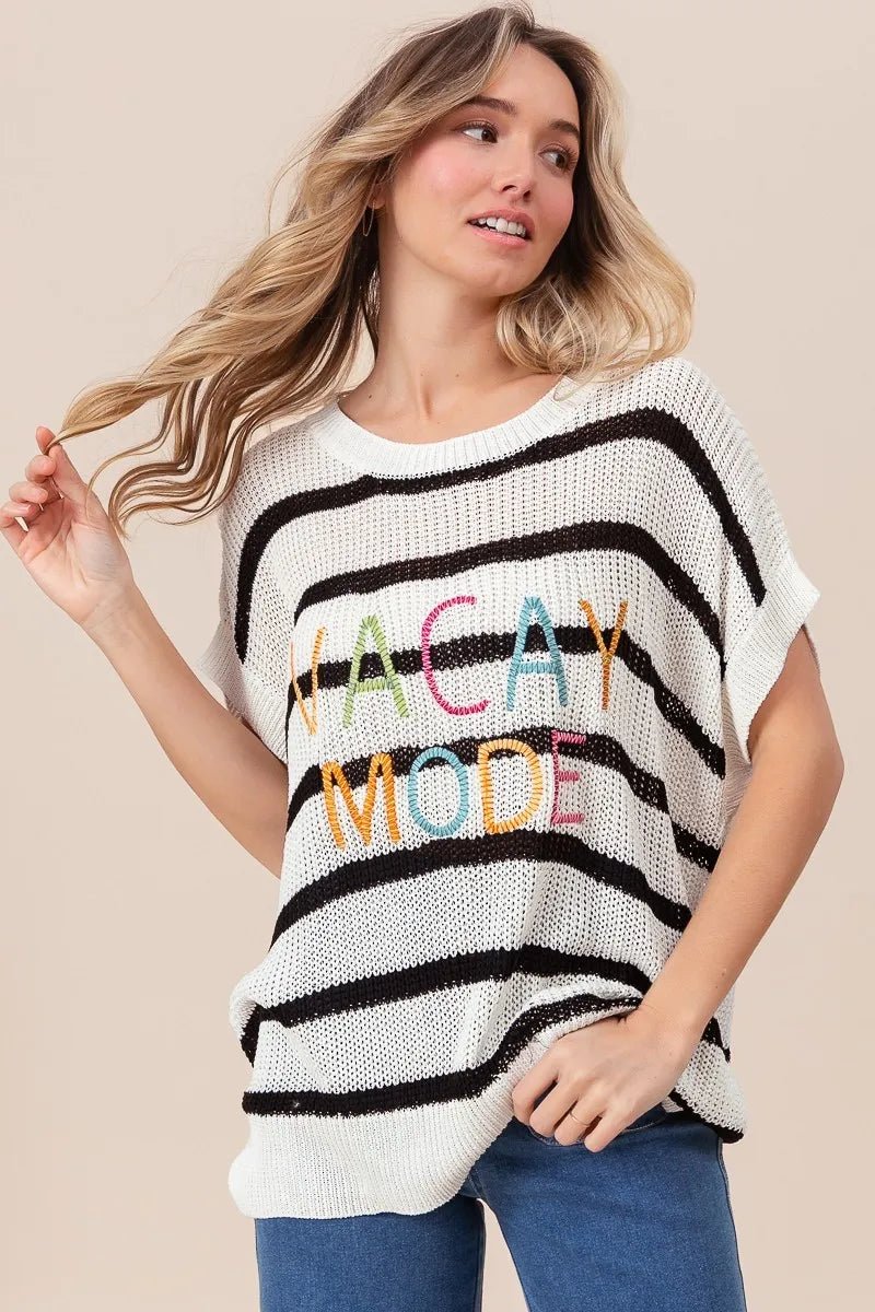 BiBi Vacay Mode Lettering Drop Shoulder Striped Sweater - Bitsy Gypsy Boutique