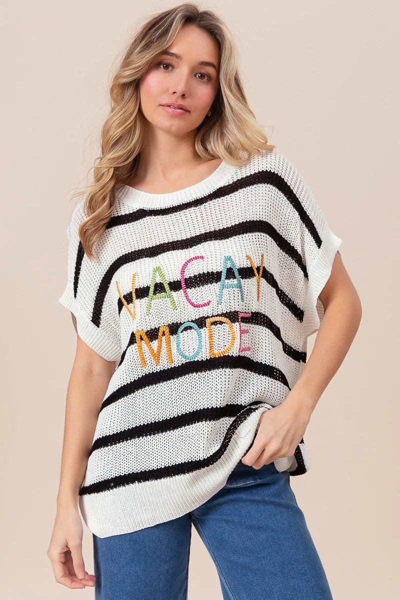 BiBi Vacay Mode Lettering Drop Shoulder Striped Sweater - Bitsy Gypsy Boutique