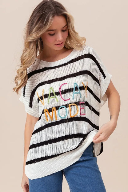 BiBi Vacay Mode Lettering Drop Shoulder Striped Sweater - Bitsy Gypsy Boutique