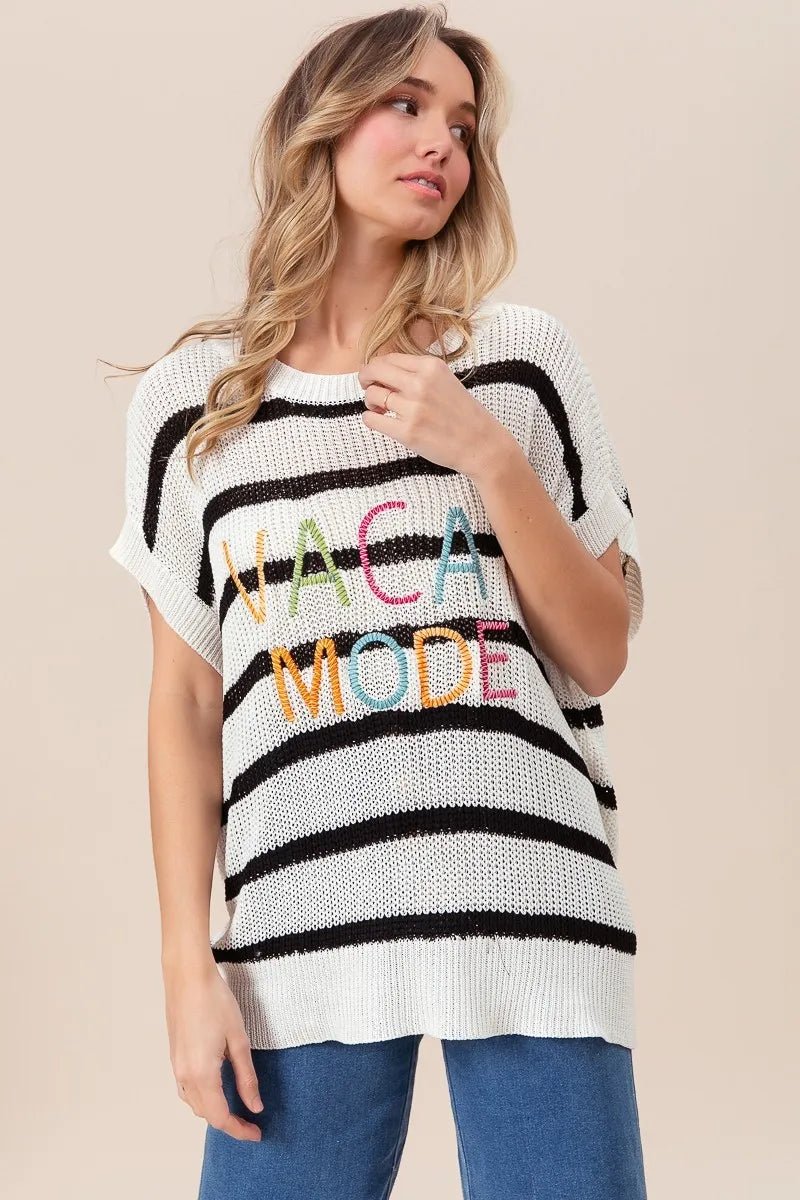 BiBi Vacay Mode Lettering Drop Shoulder Striped Sweater - Bitsy Gypsy Boutique