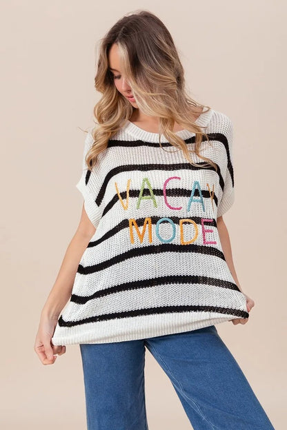 BiBi Vacay Mode Lettering Drop Shoulder Striped Sweater - Bitsy Gypsy Boutique