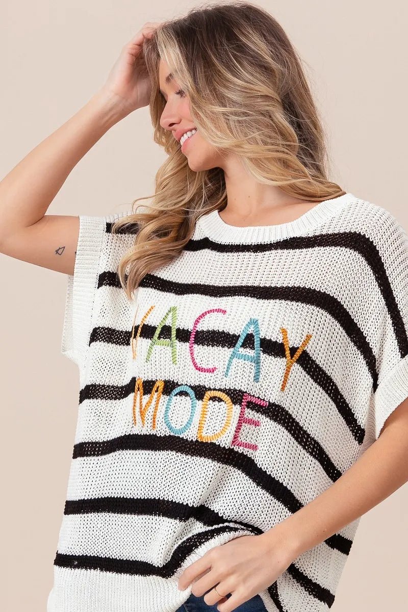 BiBi Vacay Mode Lettering Drop Shoulder Striped Sweater - Bitsy Gypsy Boutique