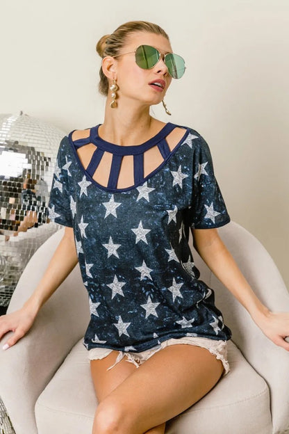 BiBi Vintage Star Print Top With Contrast Caged Neck - Bitsy Gypsy Boutique