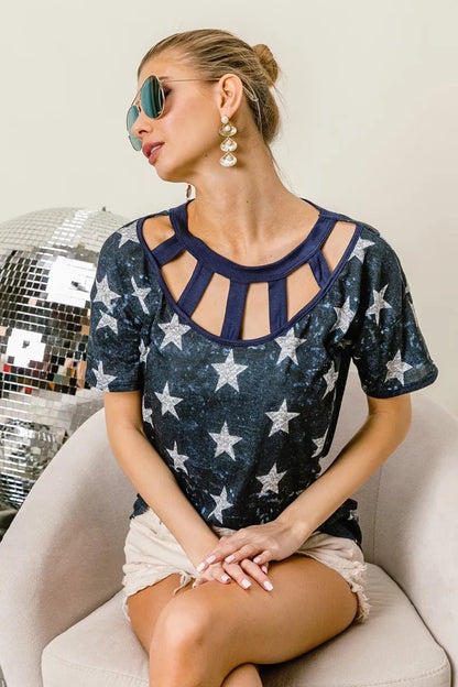 BiBi Vintage Star Print Top With Contrast Caged Neck - Bitsy Gypsy Boutique