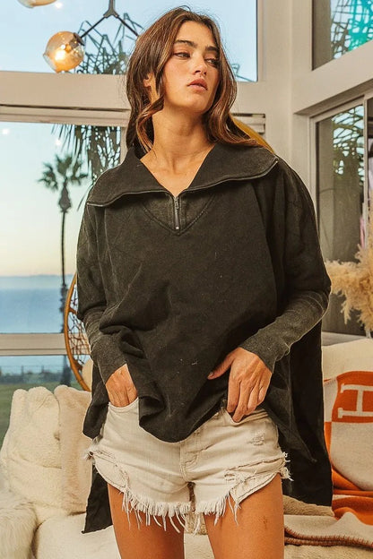 BiBi Vintage Washed Quilted Half Zip Top - Bitsy Gypsy Boutique