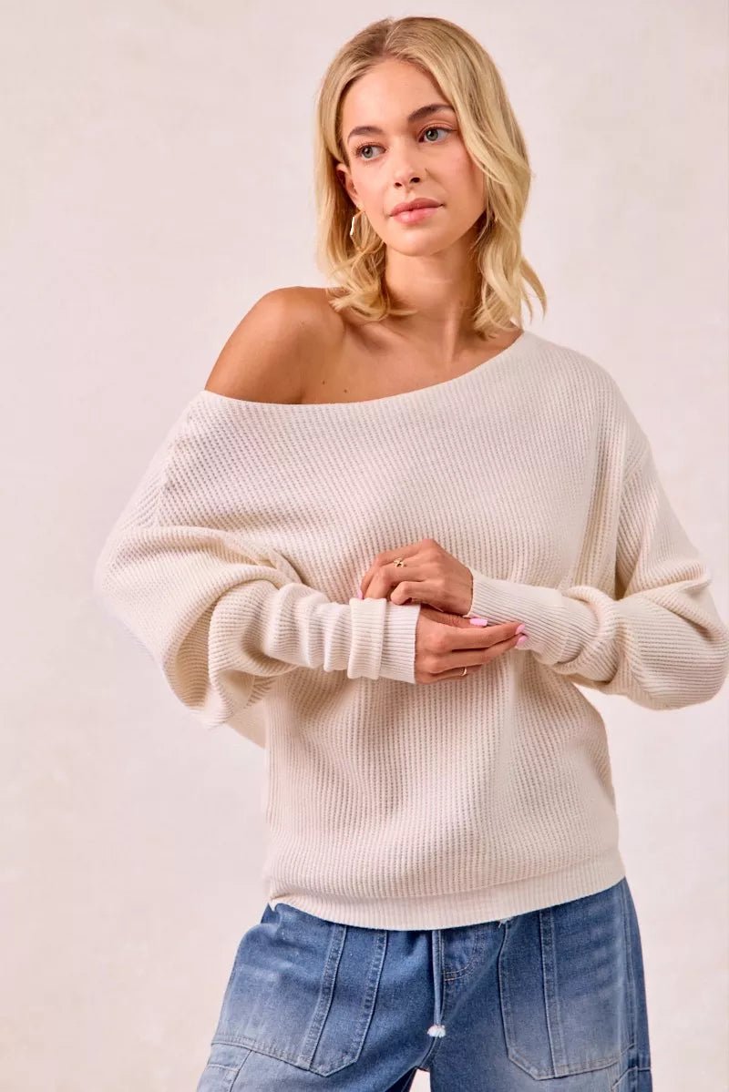 BiBi Waffle Knit Off Shoulder Top - Bitsy Gypsy Boutique