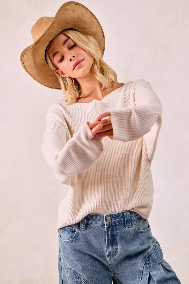 BiBi Waffle Knit Off Shoulder Top - Bitsy Gypsy Boutique