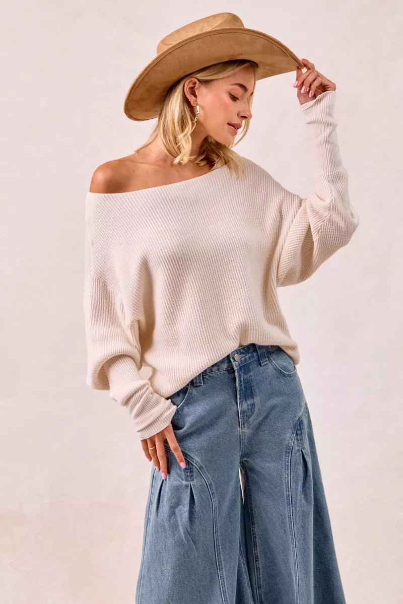 BiBi Waffle Knit Off Shoulder Top - Bitsy Gypsy Boutique