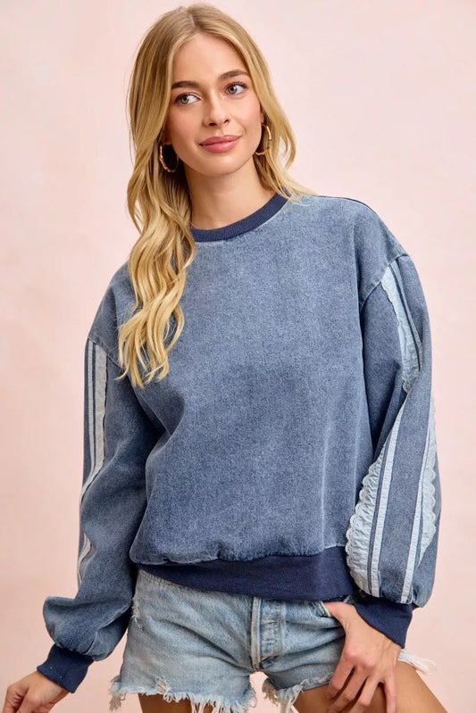BiBi Washed Denim Lace Contrast Sided Sweatshirt - Bitsy Gypsy Boutique