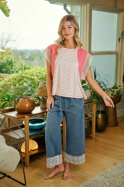 BiBi Washed Denim Waist Flower Lace Trim Pants - Bitsy Gypsy Boutique