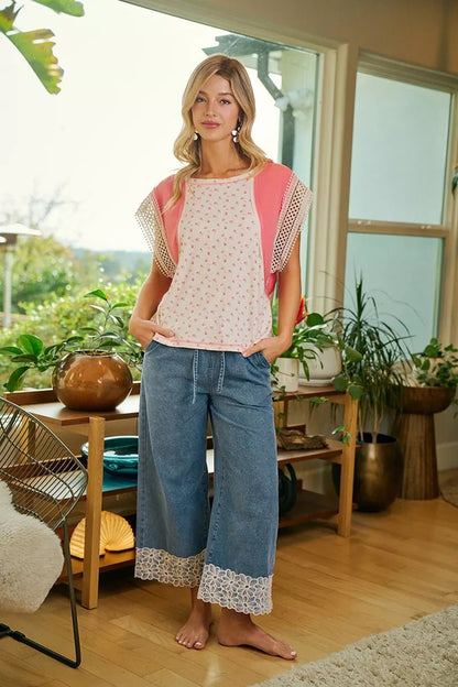 BiBi Washed Denim Waist Flower Lace Trim Pants - Bitsy Gypsy Boutique