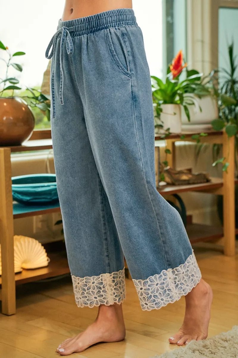 BiBi Washed Denim Waist Flower Lace Trim Pants - Bitsy Gypsy Boutique