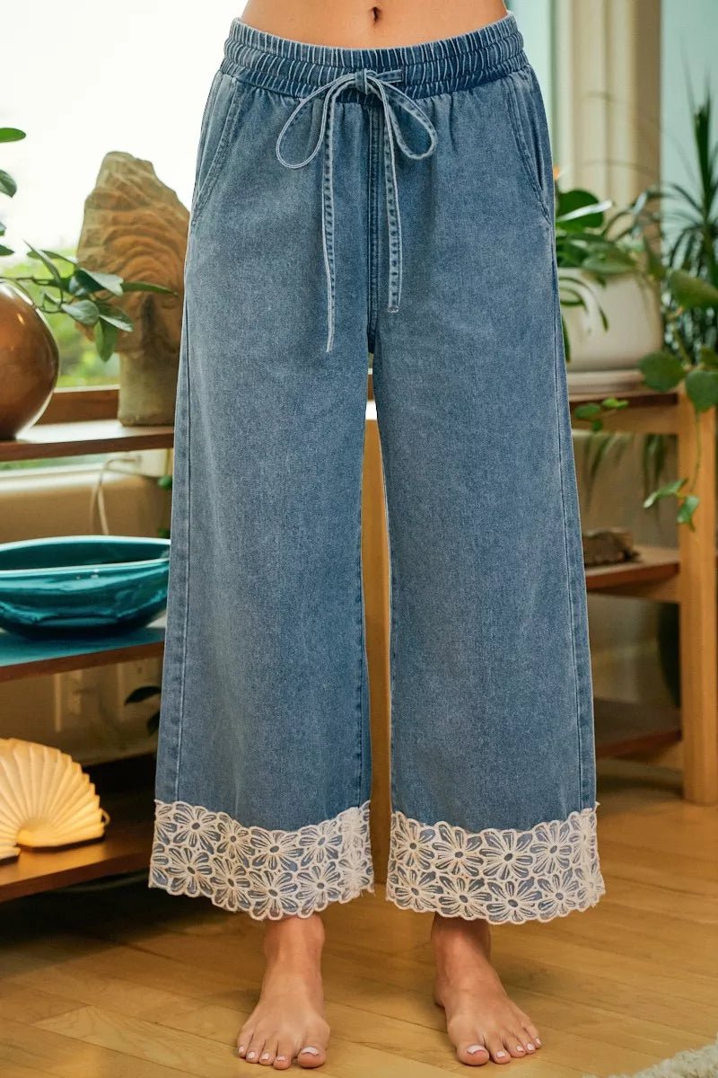 BiBi Washed Denim Waist Flower Lace Trim Pants - Bitsy Gypsy Boutique