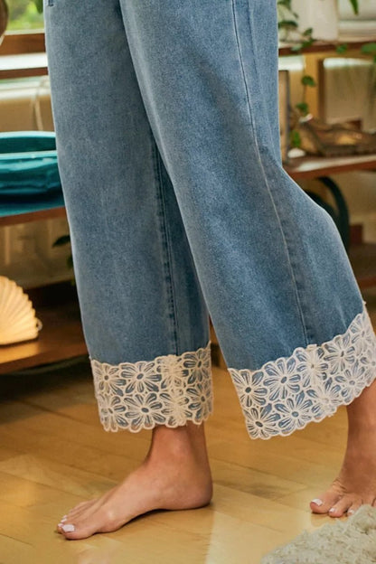 BiBi Washed Denim Waist Flower Lace Trim Pants - Bitsy Gypsy Boutique