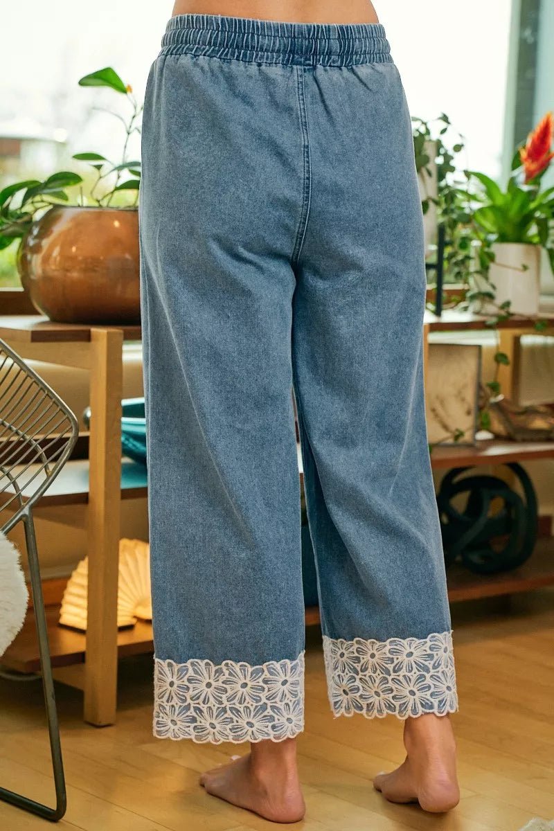 BiBi Washed Denim Waist Flower Lace Trim Pants - Bitsy Gypsy Boutique