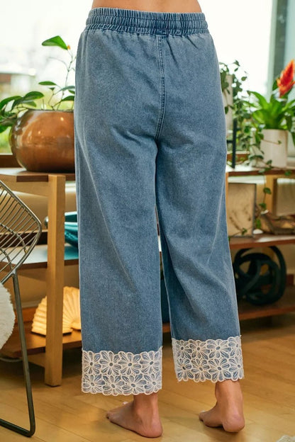 BiBi Washed Denim Waist Flower Lace Trim Pants - Bitsy Gypsy Boutique