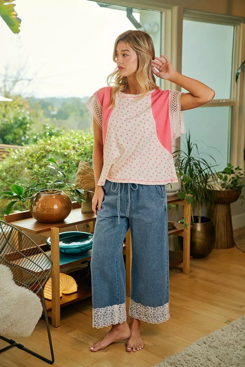 BiBi Washed Denim Waist Flower Lace Trim Pants - Bitsy Gypsy Boutique