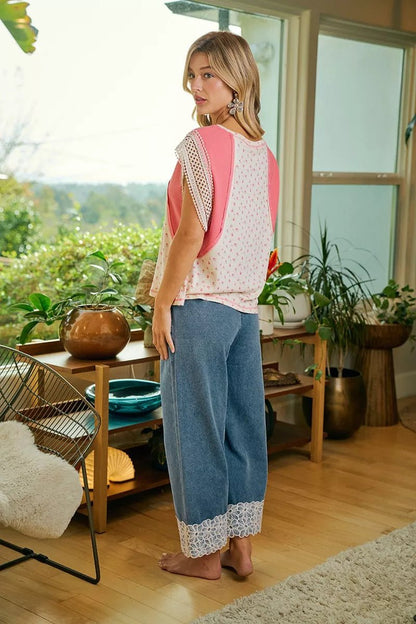 BiBi Washed Denim Waist Flower Lace Trim Pants - Bitsy Gypsy Boutique