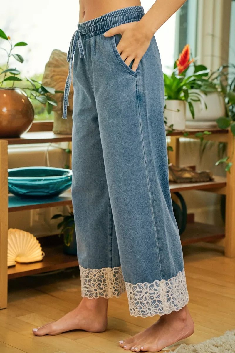 BiBi Washed Denim Waist Flower Lace Trim Pants - Bitsy Gypsy Boutique