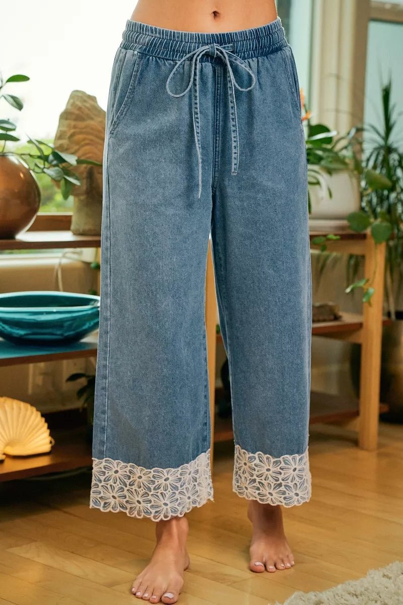 BiBi Washed Denim Waist Flower Lace Trim Pants - Bitsy Gypsy Boutique