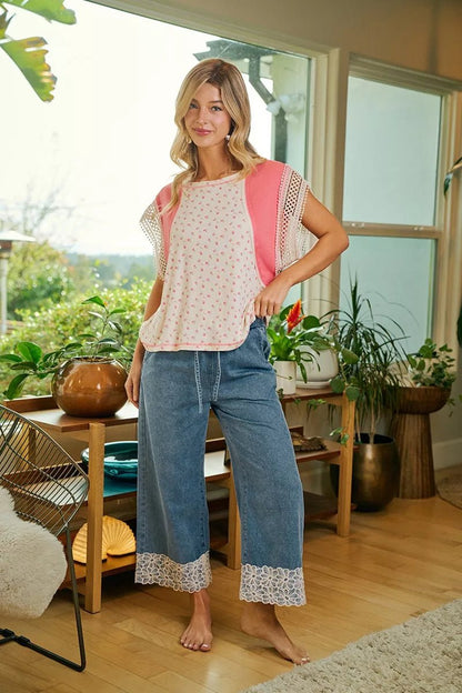 BiBi Washed Denim Waist Flower Lace Trim Pants - Bitsy Gypsy Boutique