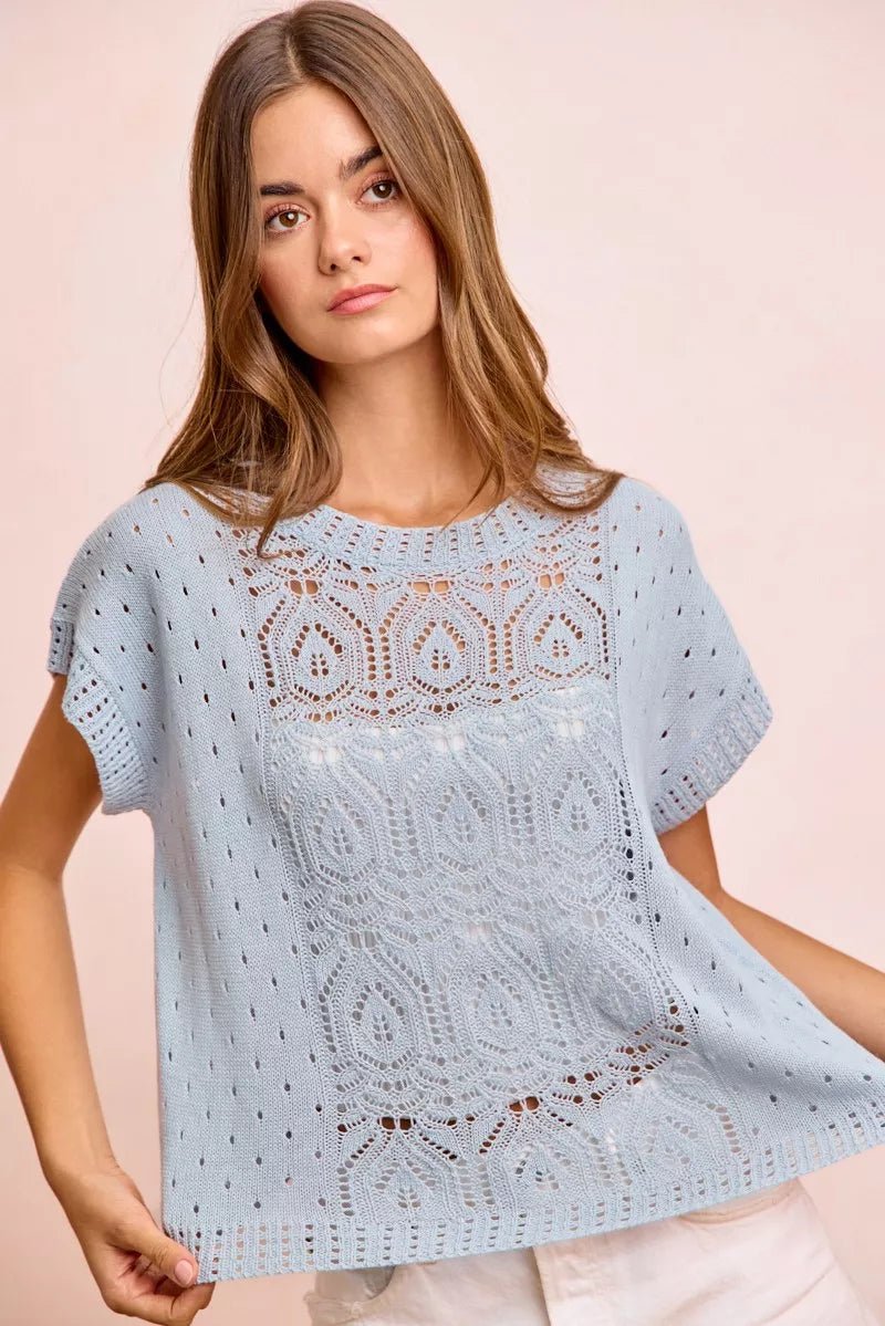 BiBi Washed Eyelet Short Sleeve Breathable Knit Top - Bitsy Gypsy Boutique