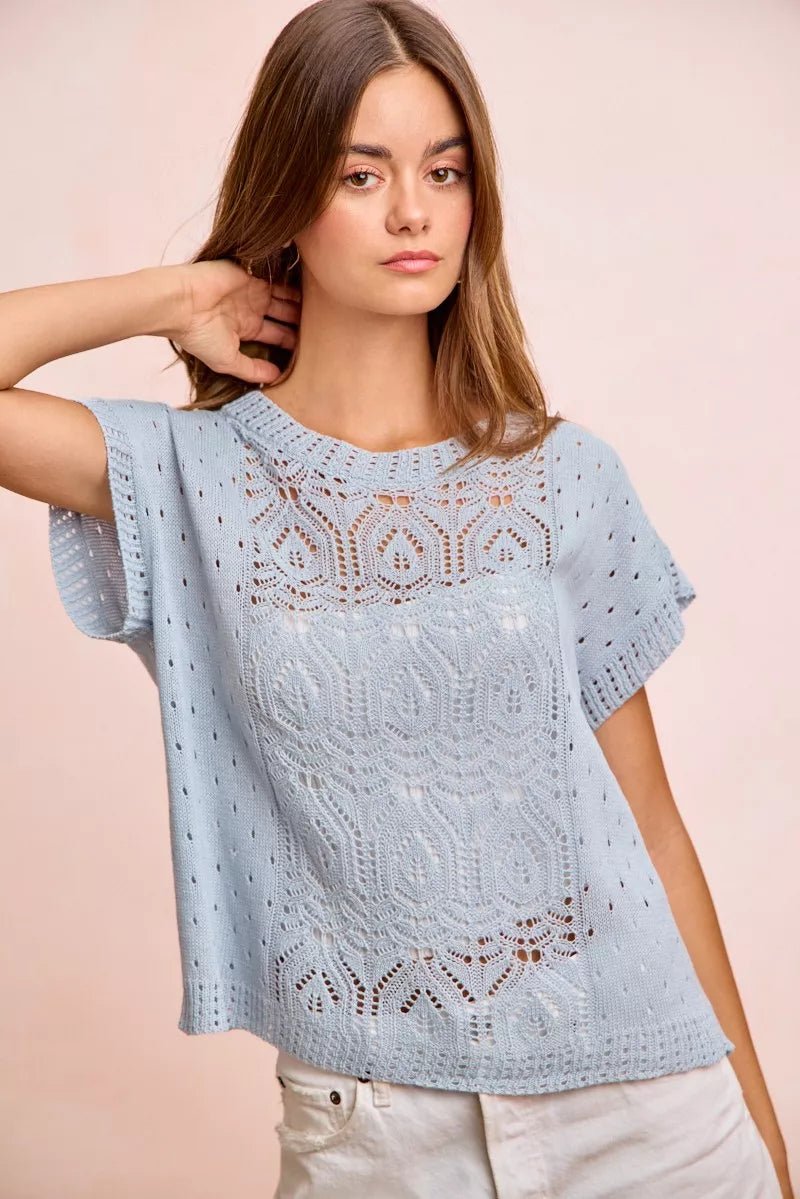 BiBi Washed Eyelet Short Sleeve Breathable Knit Top - Bitsy Gypsy Boutique