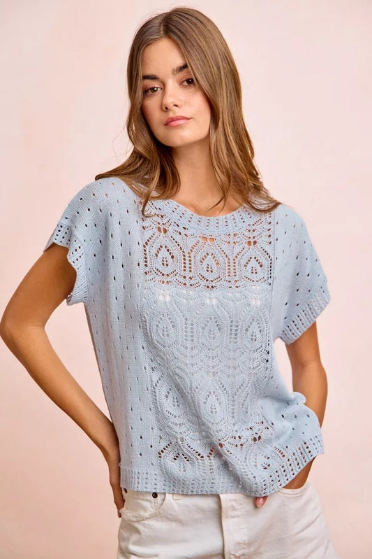 BiBi Washed Eyelet Short Sleeve Breathable Knit Top - Bitsy Gypsy Boutique