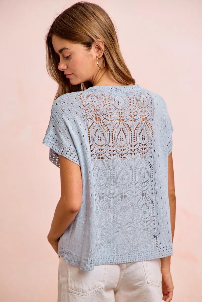 BiBi Washed Eyelet Short Sleeve Breathable Knit Top - Bitsy Gypsy Boutique