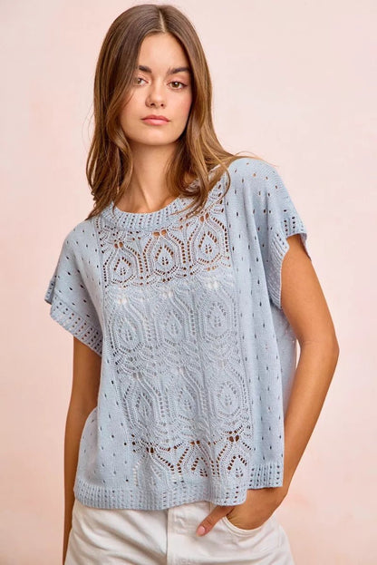 BiBi Washed Eyelet Short Sleeve Breathable Knit Top - Bitsy Gypsy Boutique