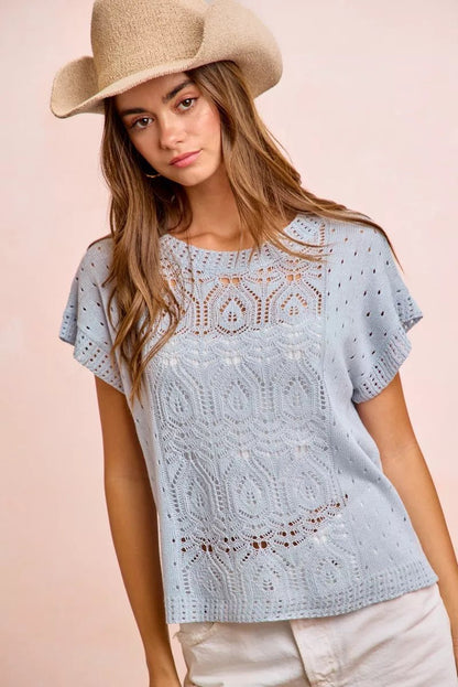 BiBi Washed Eyelet Short Sleeve Breathable Knit Top - Bitsy Gypsy Boutique