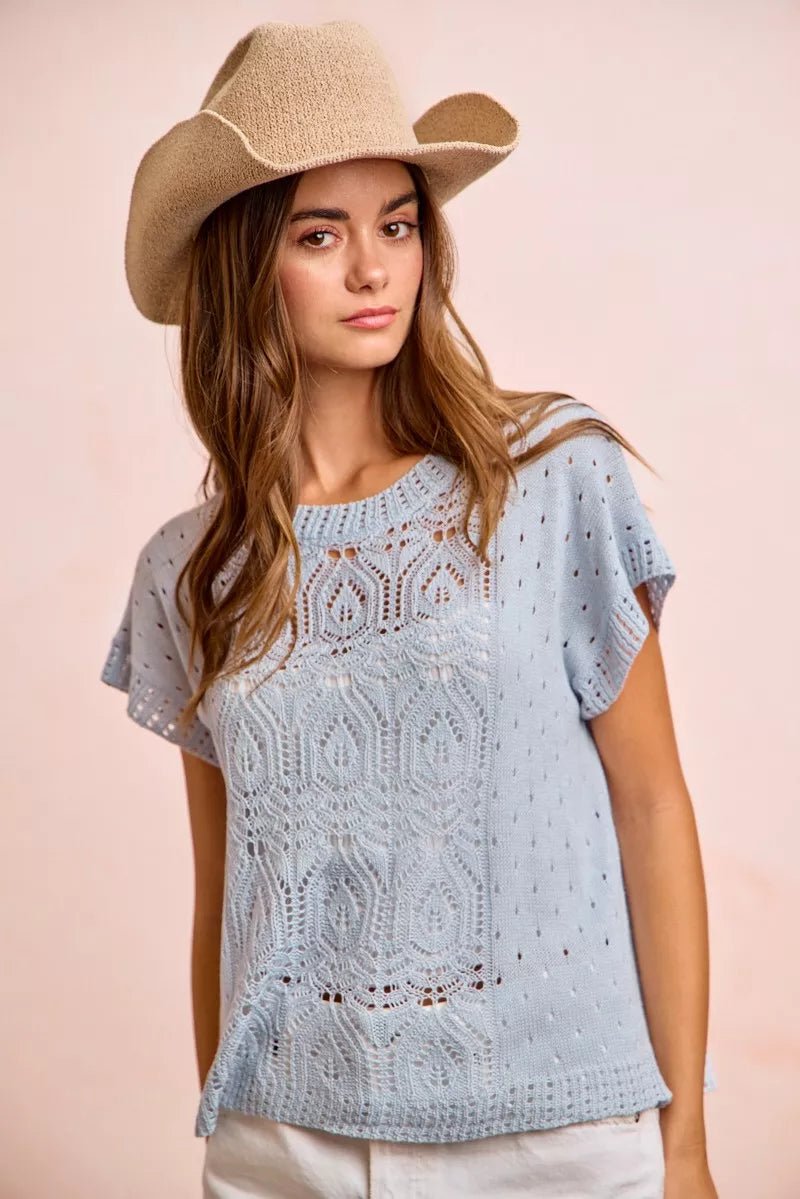 BiBi Washed Eyelet Short Sleeve Breathable Knit Top - Bitsy Gypsy Boutique