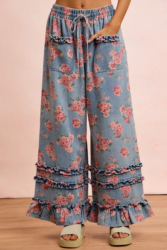 BiBi Washed Floral Denim With Ruffle Elastic Wide Pants - Bitsy Gypsy Boutique