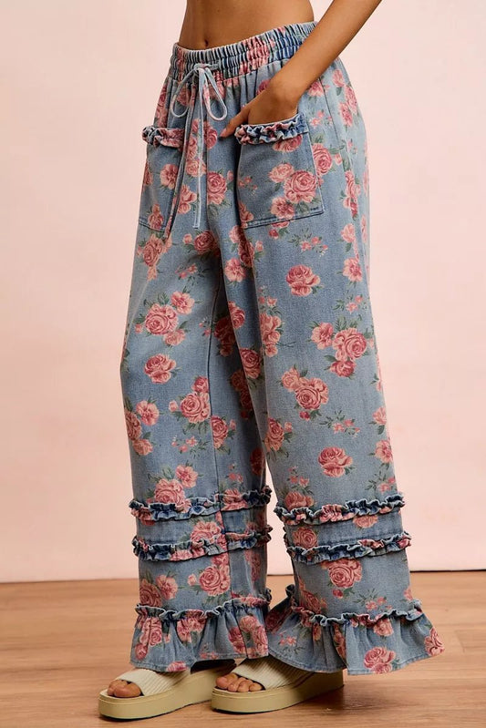 BiBi Washed Floral Denim With Ruffle Elastic Wide Pants - Bitsy Gypsy Boutique